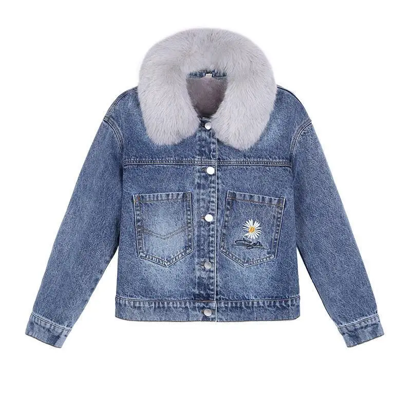 

2022 Winter Denim Jackets for Women Thicken Fur Collar Warm Jean Jacket Korea Fashion Streetwear Outfit Coats Female Tops Q409