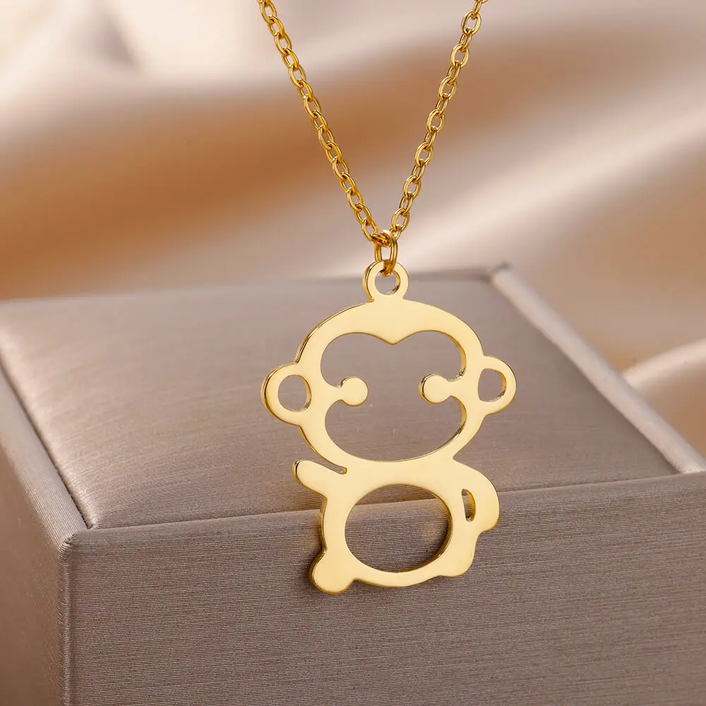

Cute Hollow Monkey Pendant Necklace For Women Gold Color Animal Choker Stainless Steel Jewelry Collier Gifts free Shipping