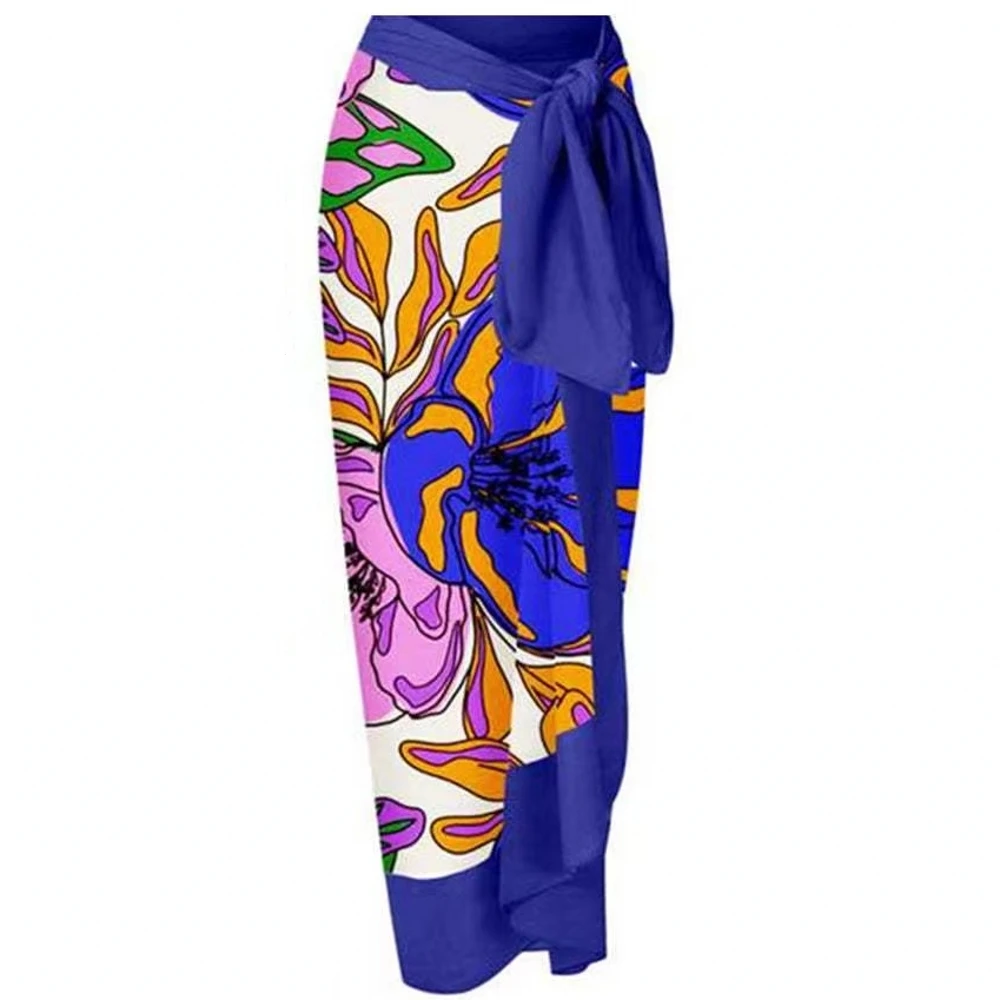 

Vintage Women Swimwear Swimsuit Cover Up Sheer Skirt Print Beach Wrap Bikini For Swimwear Mesh Drawstring Cover-up Skirt