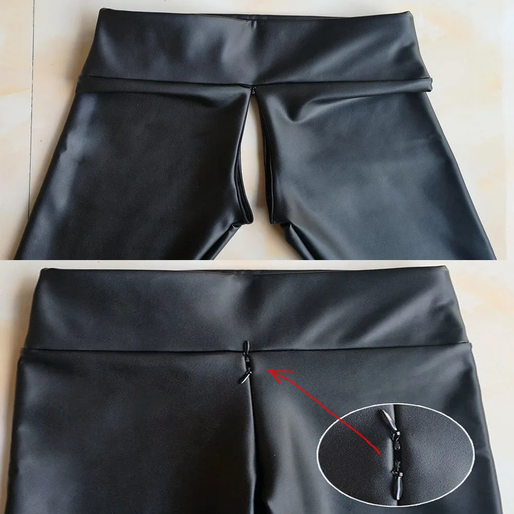 European American High Waist Leather Shorts Women‘s Invisible Open Crotch Sexy Tight Leather Pants for Women Pencil Sex PU Pants