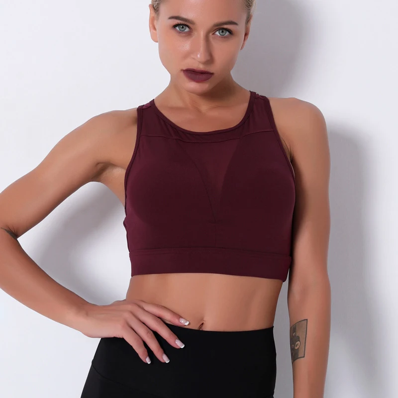 

Women Yoga Bras Fitness Beauty Back Mesh Patchwork Seamless Sports Crop Top Workout Push Up Gym Training Shockproof Bras Female
