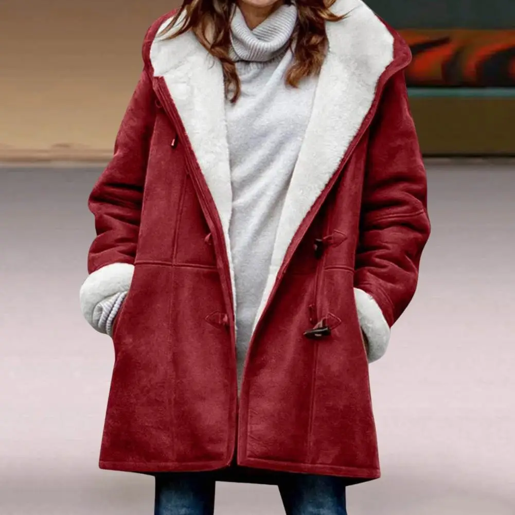 

2022 Furry Women Jackets Outerwear Fuzzy Jacket Fleece Lined Hooded Horn Buttons Hood Overcoat Women Coat куртка женская зимняя