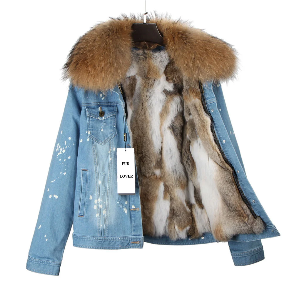 

fur lover 2023 brand women denim coat girl denim jacket real rabbit fur thick lining raccoon fur collar bomber jacket keep warm