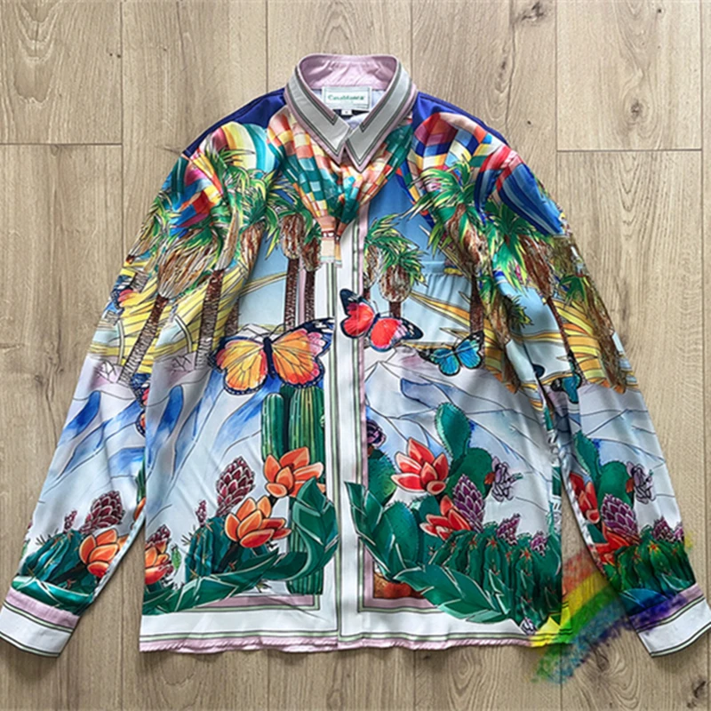 

Мужская/Женская шелковая рубашка с длинным рукавом и принтом бабочки и цветов