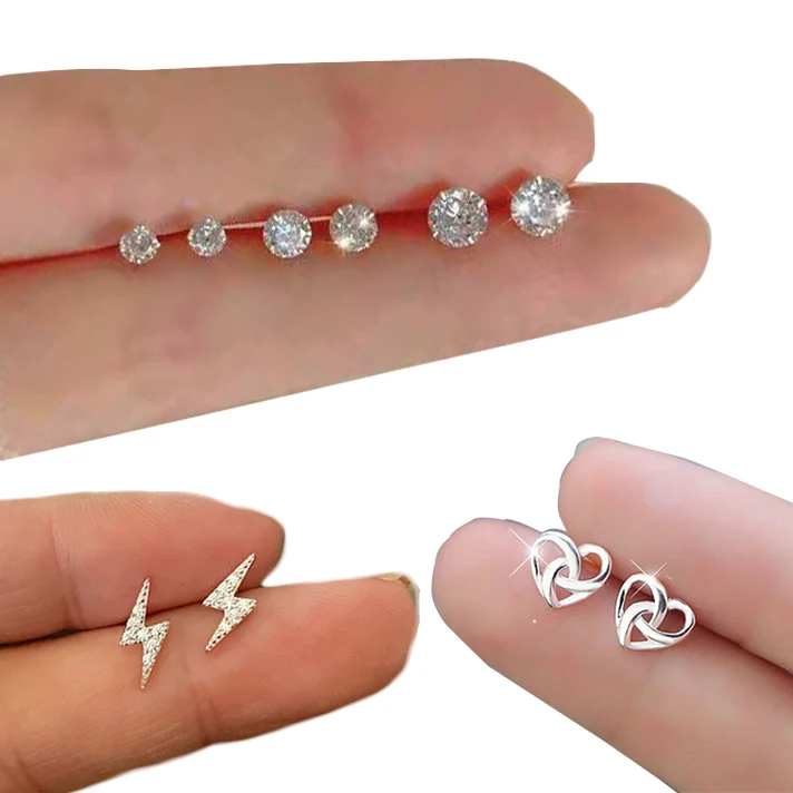 

1Pair Silver Crystal Stud Earrings Heart Round Lightning Shape Earrings for Women Girls Simple Studs Earring Fashion Jewelry