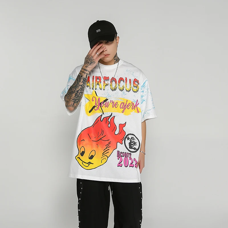 

Футболка мужская оверсайз с коротким рукавом, хлопковая тенниска с круглым вырезом в стиле хип-хоп, оригинальная уличная одежда с принтом г...