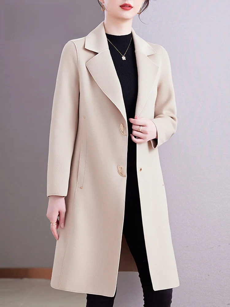 Woodpecker Creamy-white Woolen Jacket Women Mid-Length 2024 New Autumn and Winter Double-sided Cashmere coat |