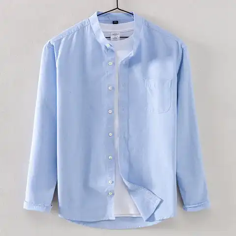 Мужская Повседневная рубашка из ткани Оксфорд, белая однотонная приталенная рубашка без воротника, с длинными рукавами, 100% хлопок