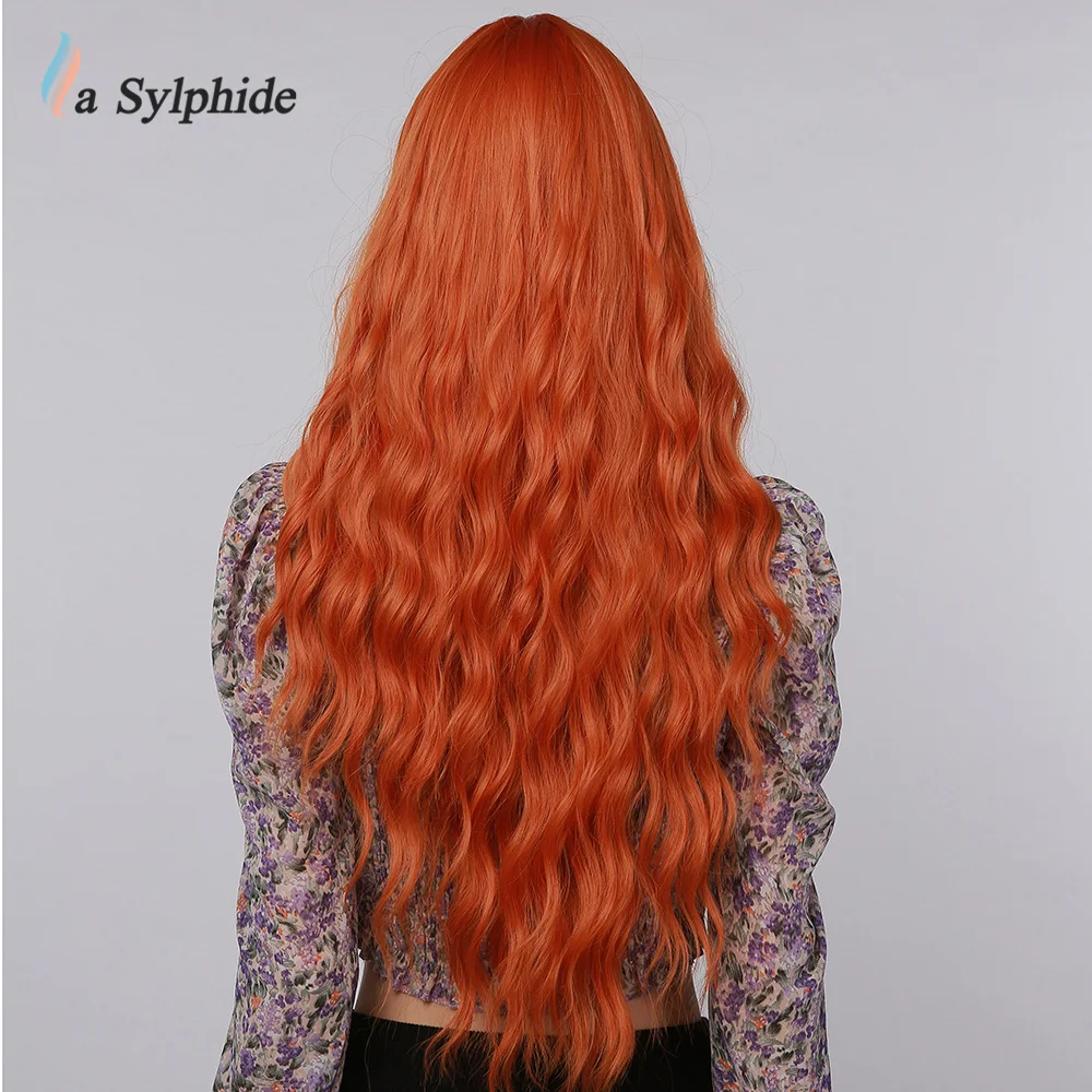 La Sylphide Halloween Cosplay Wig Long Deep Wave Orange Synthetic hair Wigs with Bangs for Black White Woman Heat Resistant Wigs