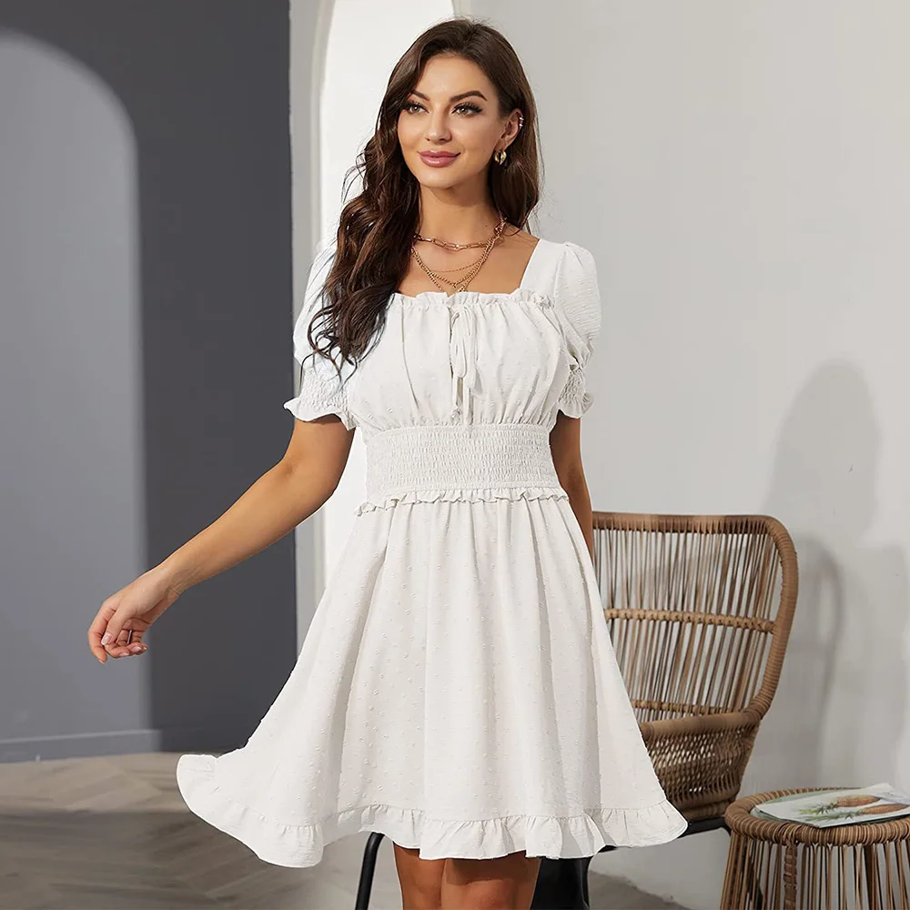 

Casual elegant slim sexy new dress,Causal Sexy Ruffles Women Mini Dress Backless Short Sleeve Square Neck Lace Slim Waist V2023