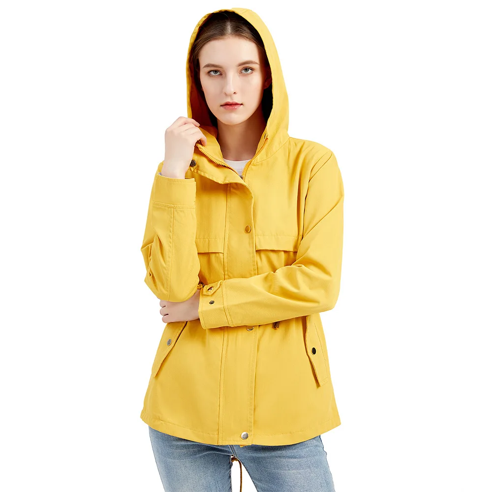 

Windbreaker Women Mid-length Hooded Jacket with Waist Outdoor Raincoat with Pockets Streetwear Rench Coat for Women Winter Coat