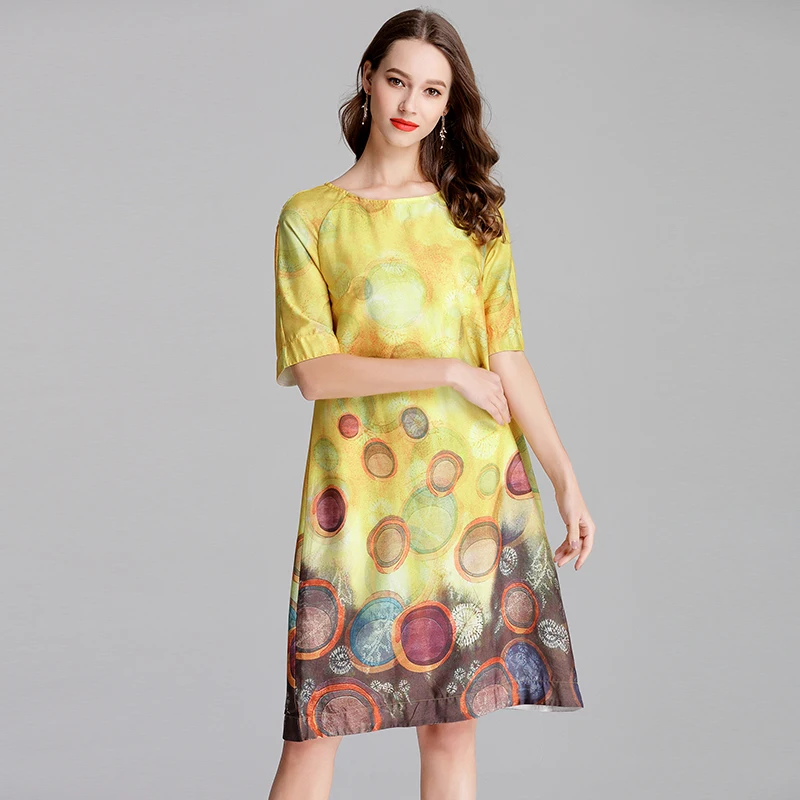 Yellow Print Loose straight Half Sleeves O-Neck Large Size  Casual Style  Loose Waist Fashion Lady's Dress 11660