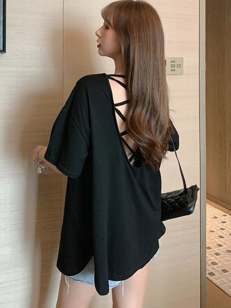 

summer cotton women oversized t-shirts casual solid T shirt creative Back hollowout Split Side Long T-shirts O-Neck Woman tops