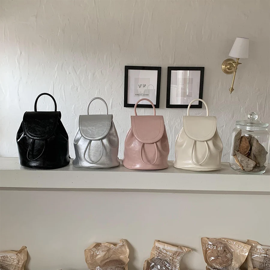 

Women Korean drawstring backpack design fashion pu leather silver bucket bag girls shoulder bag summer rucksack travel schoolbag