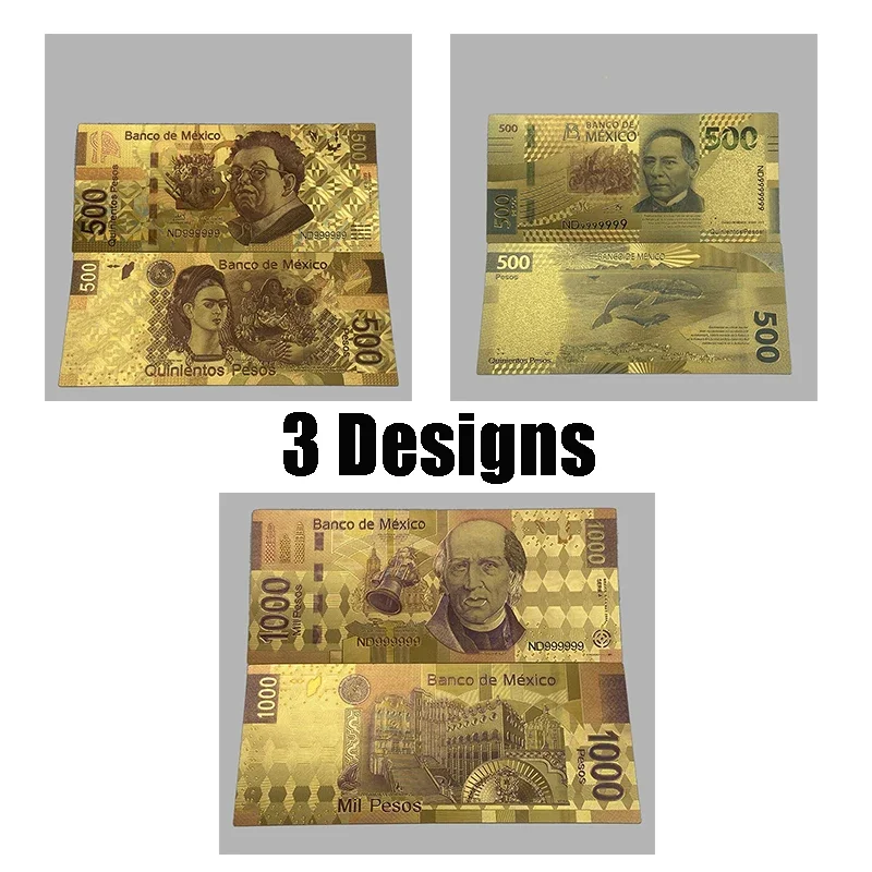 Красивая цветная банкнота Мексики 500 1000 Peso Mexicano с покрытием из 24-каратного золота