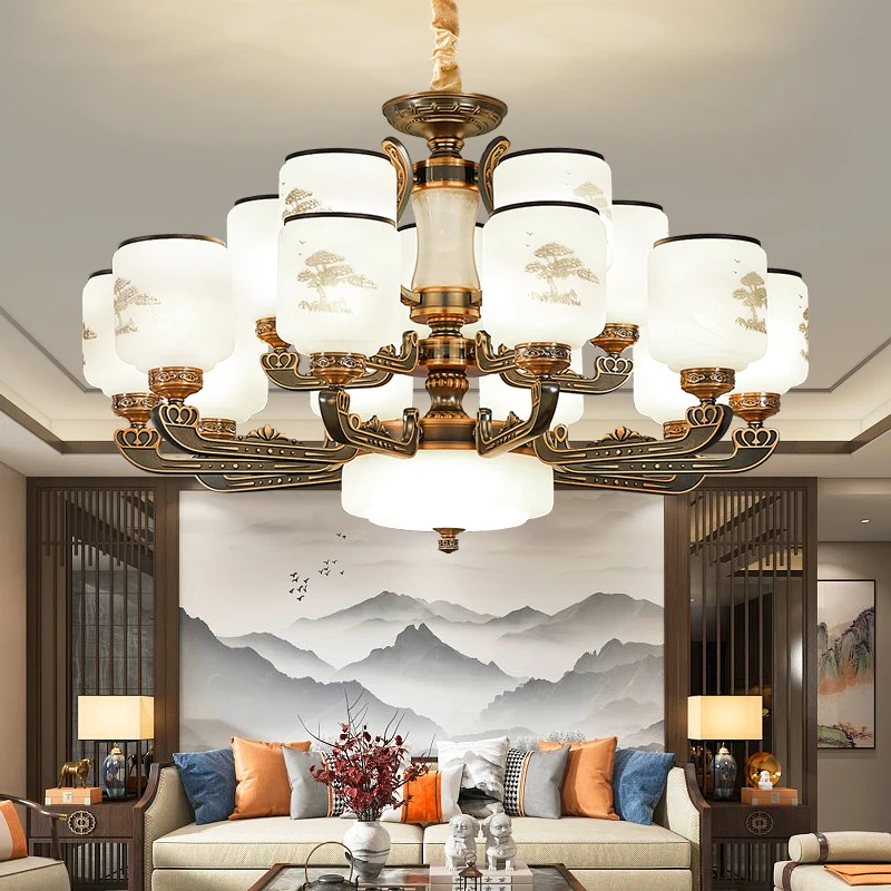 

Chinese Style Duplex Building Chandelier European Style Crystal Lamp Jade Hotel Dayang Project Tiaokong Villa Pendent lights