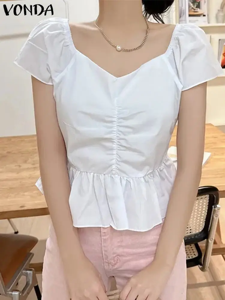 

VONDA 2023 Summer Fashion Shirts Women Solid Color Elegant Blouse Casual Loose V Neck Short Sleeve Ruffled Tops Solid Blusas