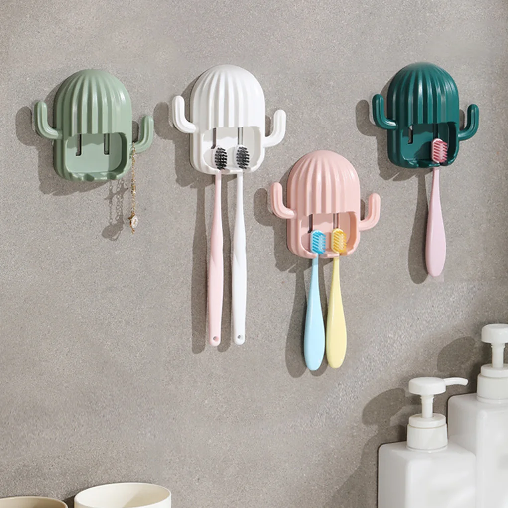 

2pcs Toothbrush Holder Wall Mounted Cactus Shape Tooth Brush Dispenser Punch-free Organizer Storage Rack Bathroom Accessories