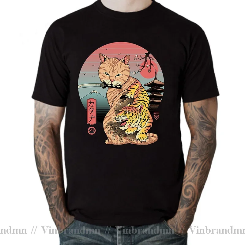 Совершенно новая футболка Catana Samurai Cat мужские футболки Neko Sushi Wave японские Retrowave Feline
