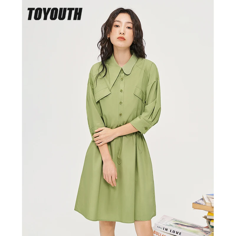 Toyouth Women Dress 2022 Autumn Three Quarter Sleeve Irregular Neck Drawstring Waist  Pure Cotton  Casual Streetwear Dress