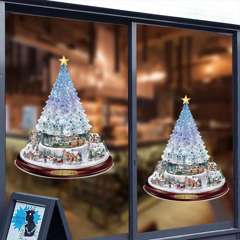 

Christmas Tree Window Stickers Rotating Sculpture Train Xmas Decorations 2022 Winter Navidad New Year's Gifts Wall Decoration