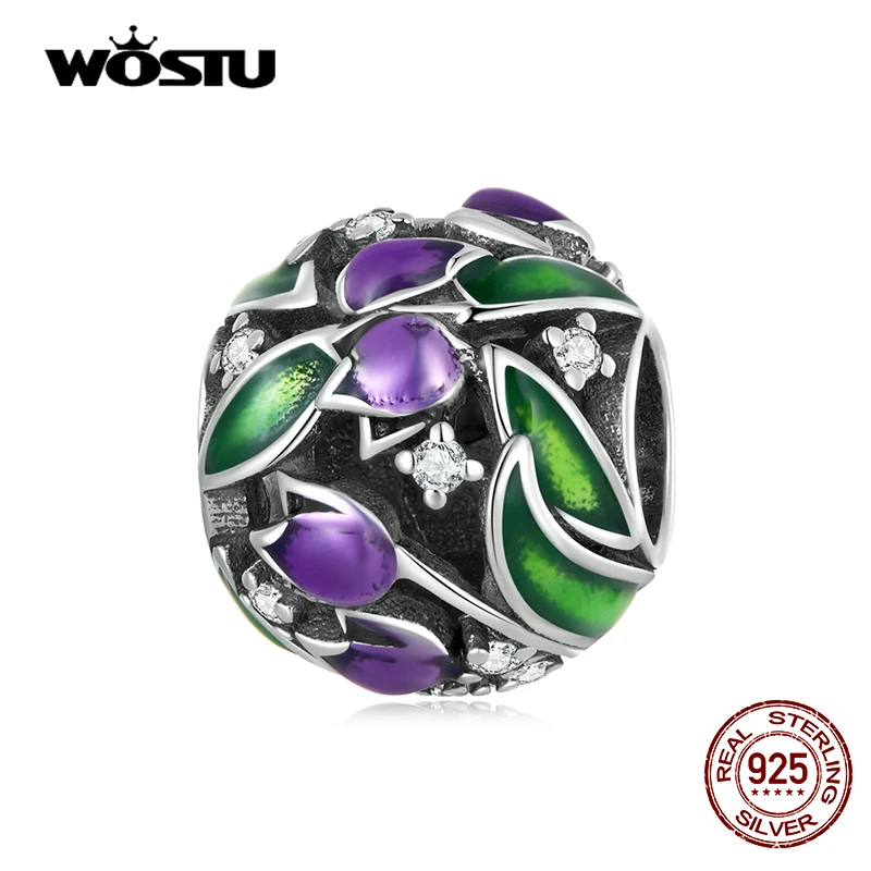 

WOSTU Genuine 925 Sterling Silver Beautiful Purple Tulip Flower Charm Beaded Fit Original DIY Bracelet Bangle Fine Jewelry Gifts