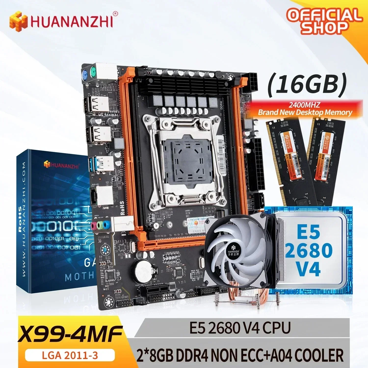 Комплект материнской платы HUANANZHI X99 4MF с Intel XEON E5 2680 v4 2*8G DDR4 NON-ECC охладителем A04