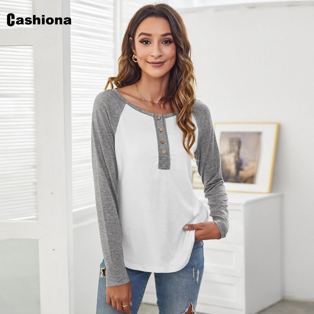 

Cashiona Women Elegant Fashion T-shirt Women's Long-sleeved Patchwork Tops Streetwear 2022 Summer Buttons Up Tees Clothing