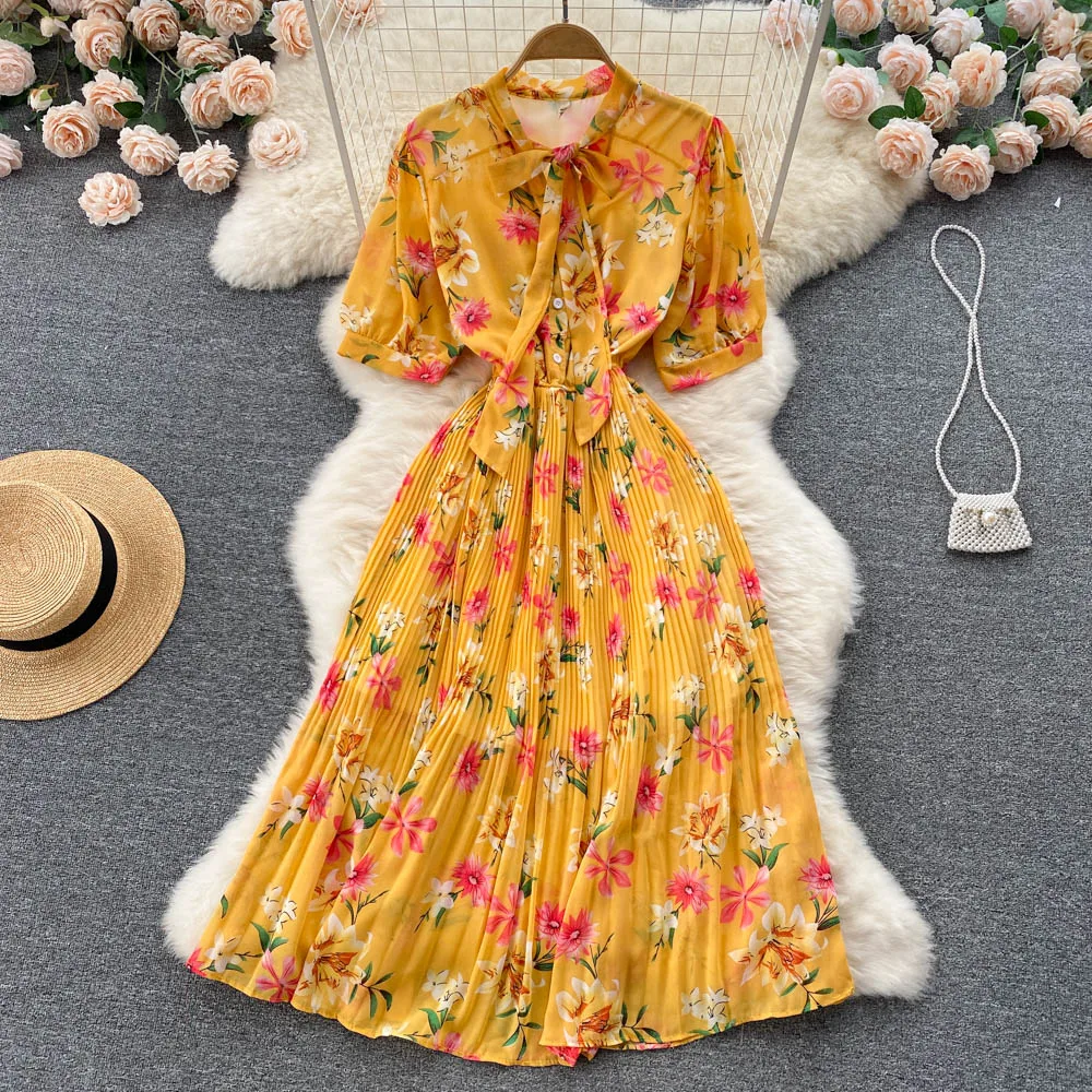 

Женское длинное платье в этническом стиле с цветочным принтом, v-образным вырезом и бантом, милое плиссированное платье с свободные и тонкие талией