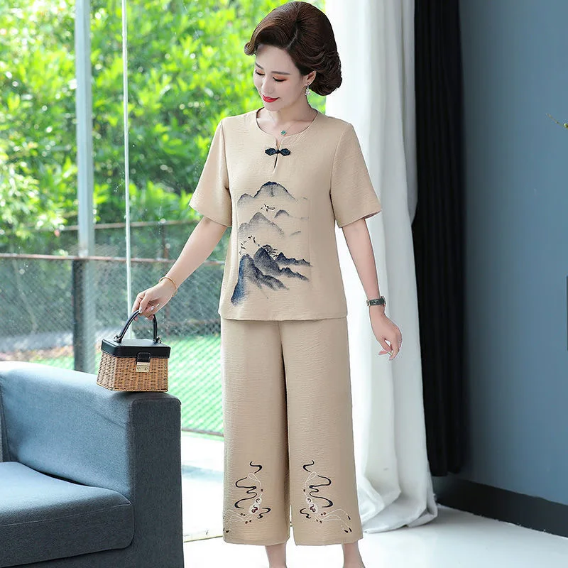 

2 Pieces Set Women Sets Printing Women Short Sleeve Top And Wide Leg Pants Suits Casual Sets Two Piece Outfits Clothes XL-5XL
