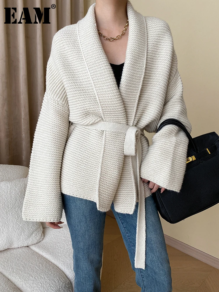 

[EAM] Apricot Big Size Knitting Cardigan Sweater Loose Fit V-Neck Long Sleeve Women New Fashion Tide Spring Autumn 2023 1DH0547