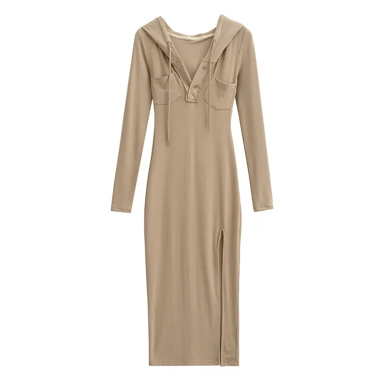 

Fall New Cotton Women's Pullover Long Sleeve Hooded Drawstring Lace Up Pocket Sexy Slit Slim Long Dress