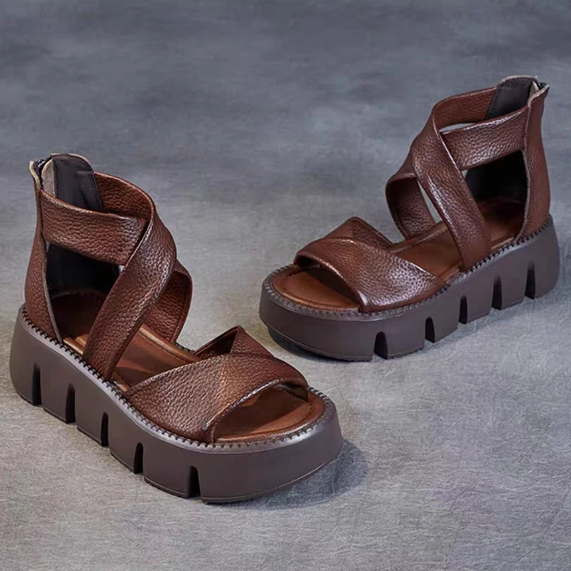 Handmade Retro Sandals Women Summer 2023 Cross Genuine Cow Leather Wedges Platform Gladiator Sandals Women Cool Boots
