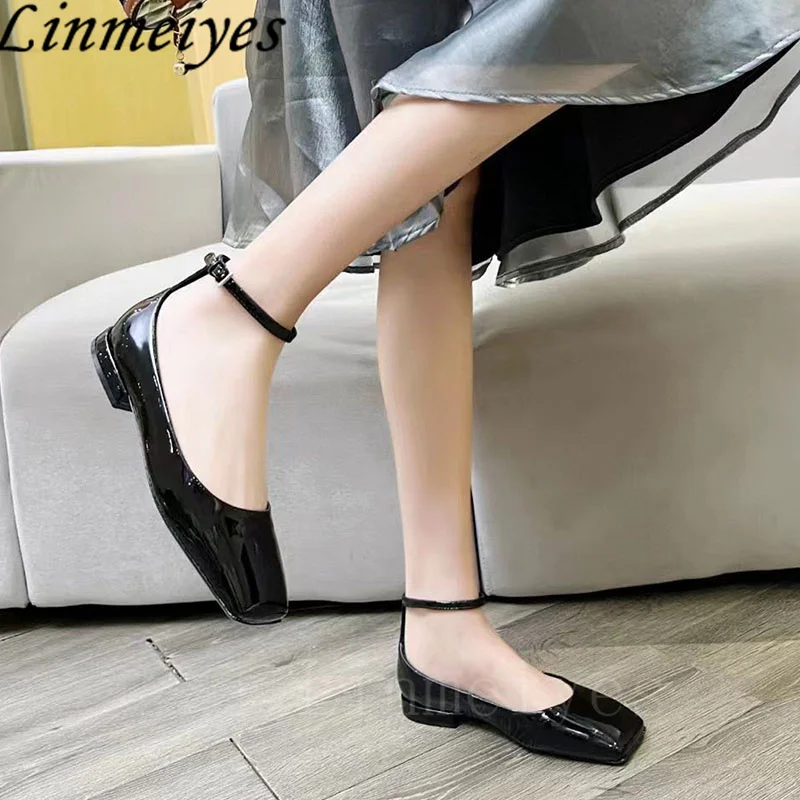Square Toe Flat Shoes Woman Patent Leather Ankle Buckle Strap Loafers Ladies Fashion Comfort Walk Shoes Runway Shoes For Women