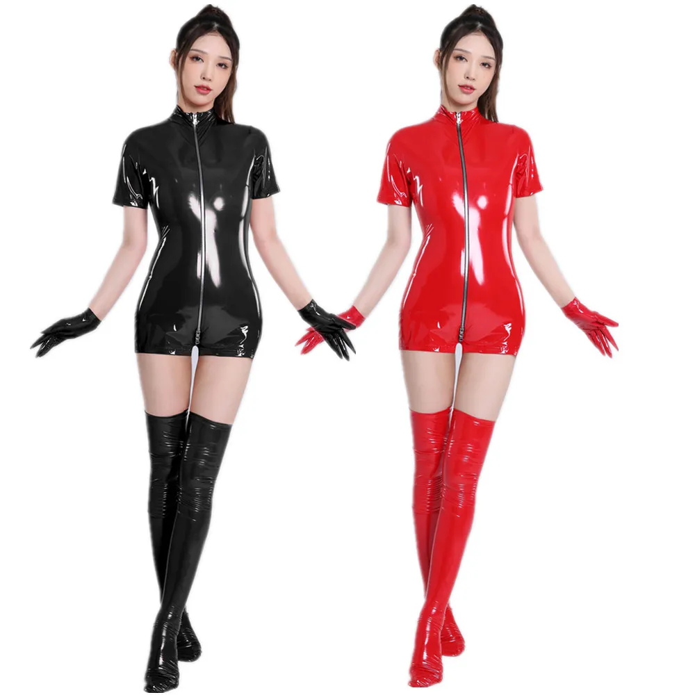 

3PCS/Women Sexy Bodysuit Wet Look Pu Leather Porn Open Crotch Bodysuit Glossy Zipper Catsuit for Club Pole Dancing