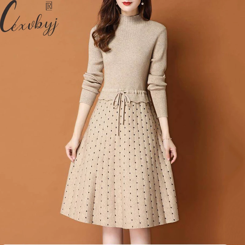 

Women Dot Pring Knitted Dress Women Korean Style Autumn Winter Sweater A-Line Dress Lady Office Drawstring Fake Two Peice Dress