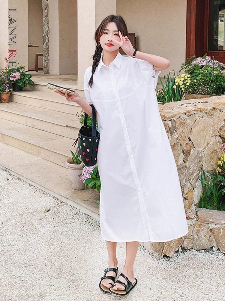

LANMREM корейское платье с поясом для женщин, однобортное платье с лацканами и короткими рукавами, повседневные платья с разрезом, женская одежда, новинка 2023, 2YA1786