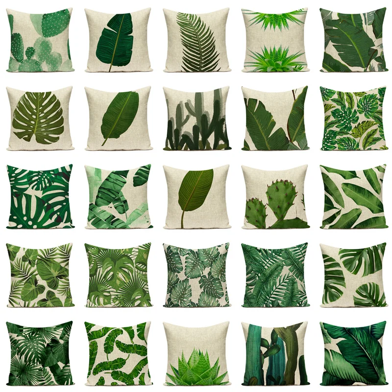 

Tropical Plants Palm Leaf Green Leaves Monstera Cushion Covers Hibiscus Flower Decorative Beige Linen Pillow Case Taie Oreiller