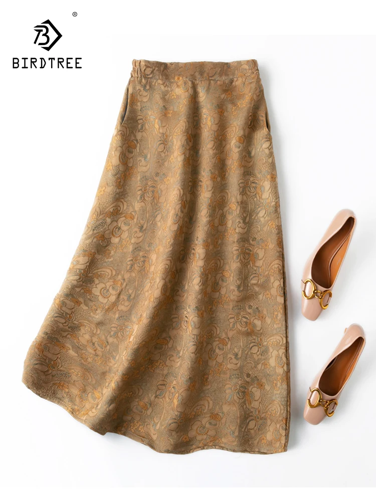

Birdtree 50MM 50%Mulberry Silk Vintage Elegant Skirt Gambiered Canton Gauze Cloud Brocade Loose Tight Waist Skirt New B30672QC