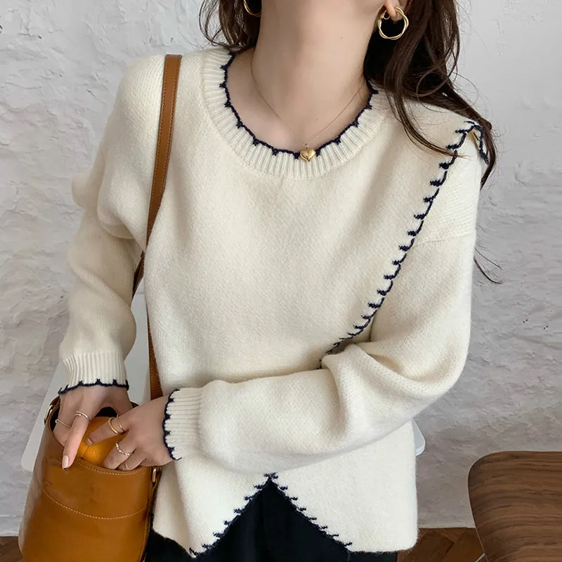 

Elegant Chic Sweater Women O-neck Contrast Loose Split Long Sleeve Pullover Office Lady Fashion Knitwear Tender Casual