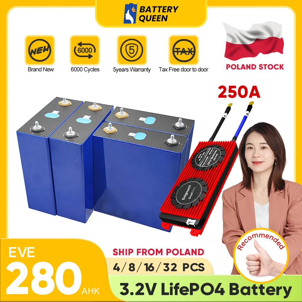 

Poland Stock 6000 Cycles EVE 280AHK With Smart 250A BMS 3.2V Rechargeable Lifepo4 Battery 12V24V48V For EV Boats Solar Storage