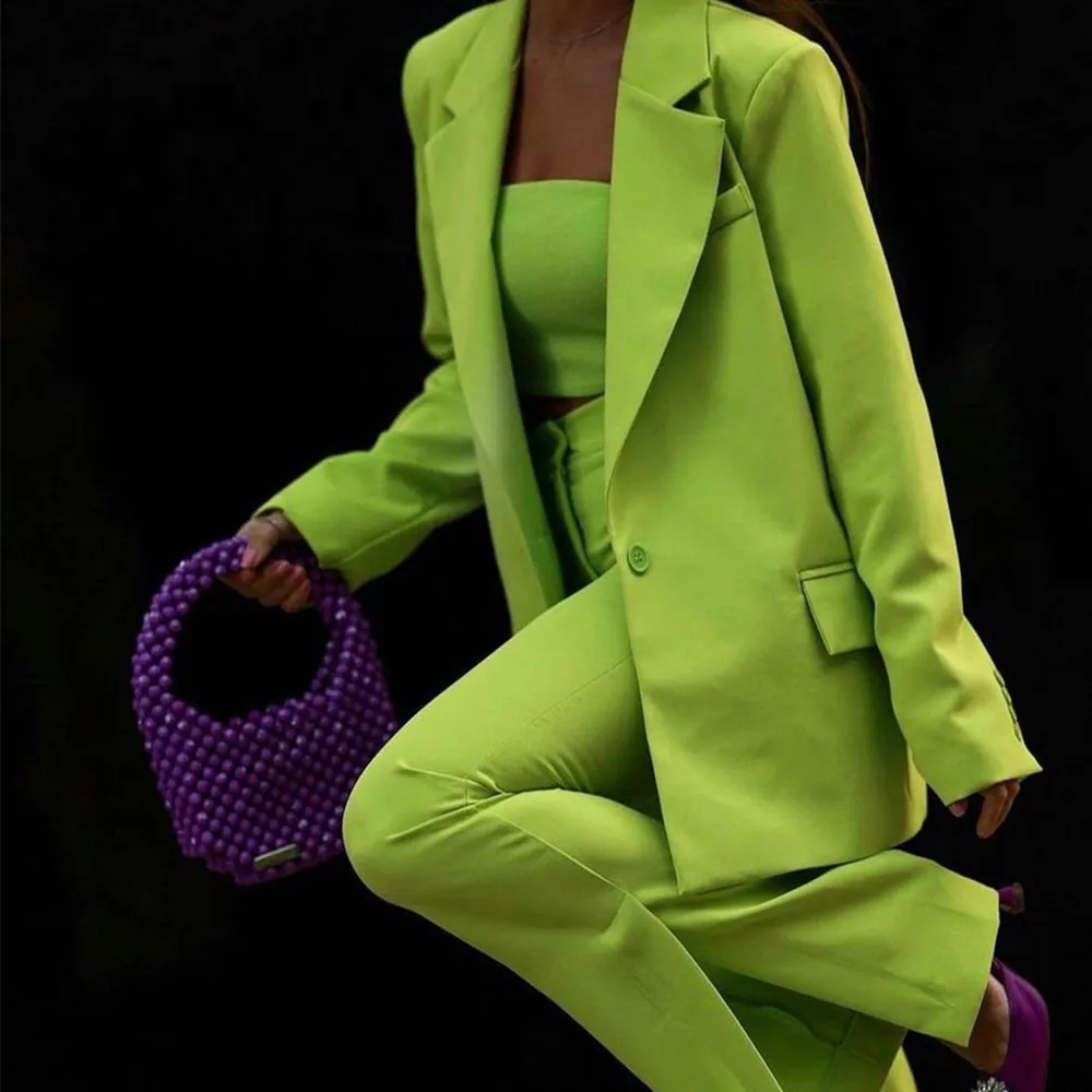 Women Suit Tailor-Made 3 Pieces Blazer Tube Top Pants Solid Color Green One Button Lapel Slim Fit Business Daily Tailored