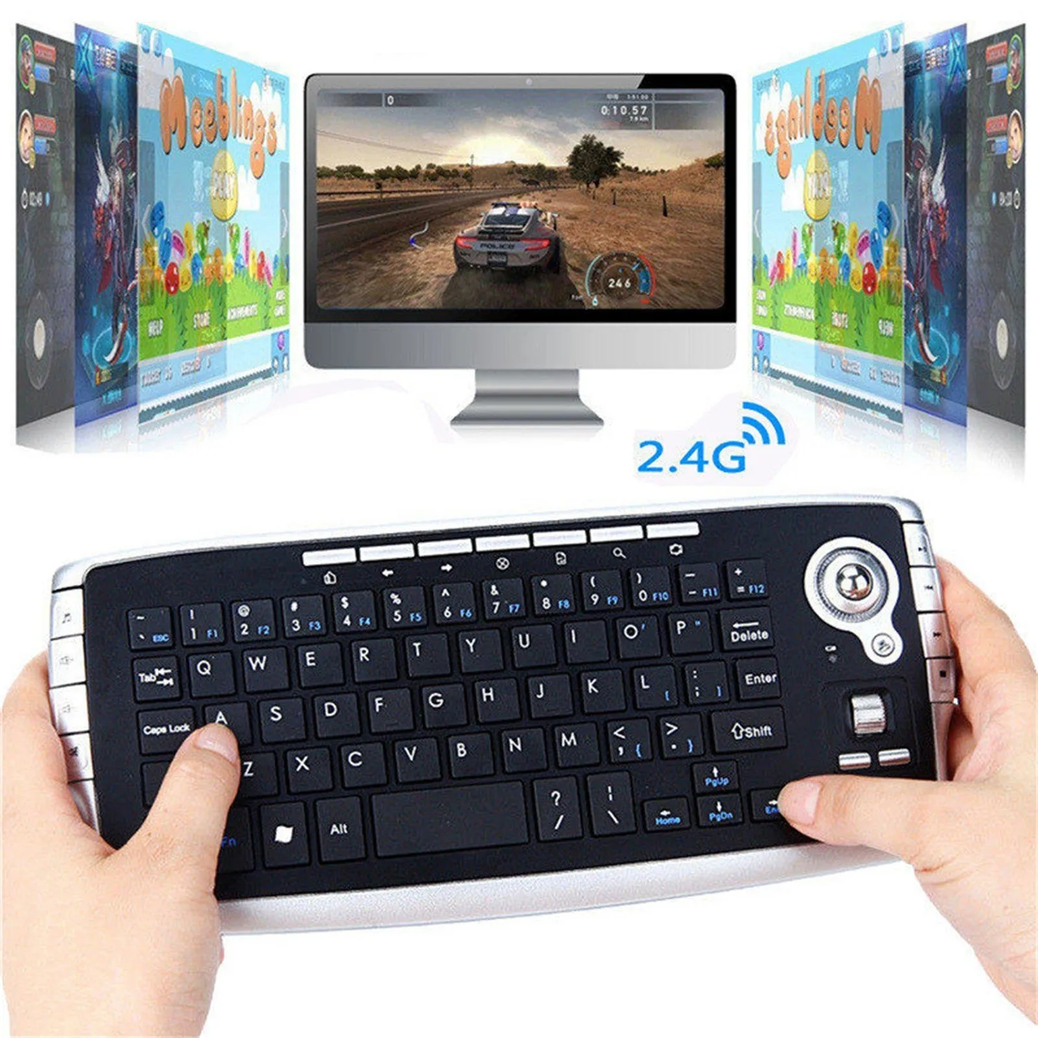 Wireless Keyboard with 2.4G USB Receiver + Trackball 2 In 1 Mouse Funtions Computer Keyboard 94 Keycaps Game Keypad For Laptop images - 6