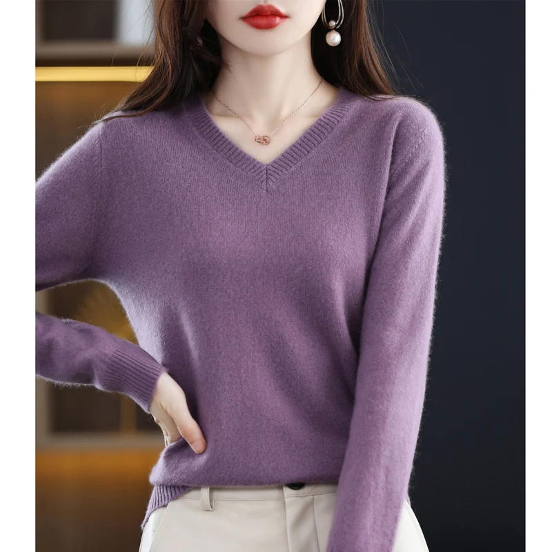 

Spring And Autumn V-Neck Pullover New Loose Fashion 100% Pure Wool Sweater Bottoming Shirt Slimming Top Women