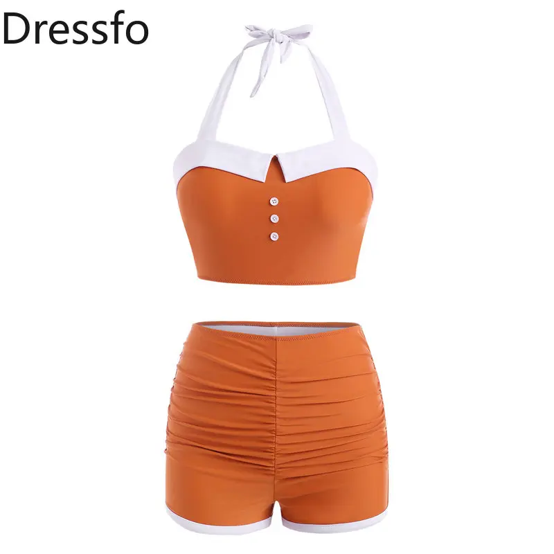 

Dressfol Two Tone Tummy Control Swimsuit Mock Button Ruched Halter Tankini Swimwear High Waist Bikini Set Beachwear Women 2023