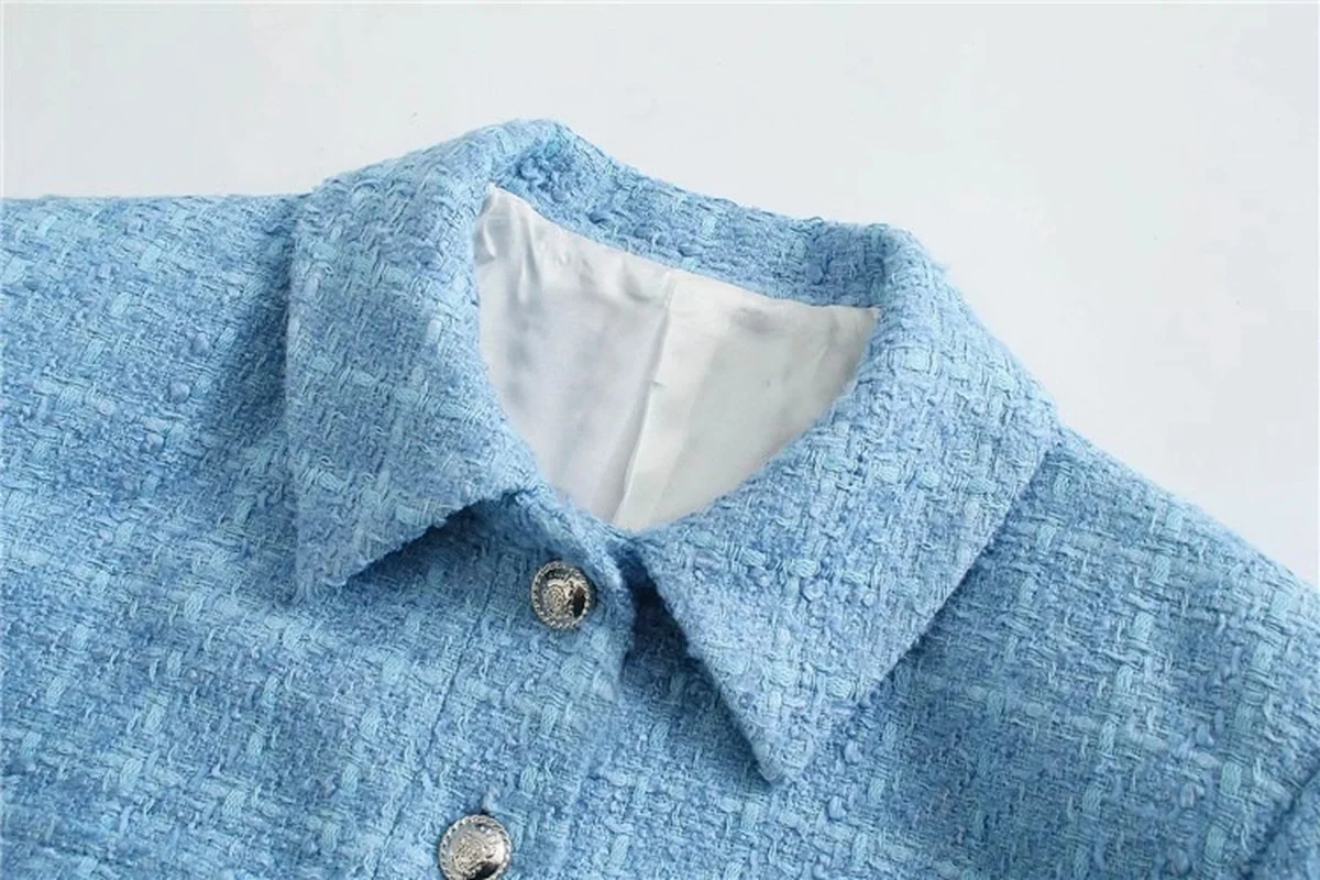 Blue Fashion Tweed Short Blazer Spring Autumn Women Simple Casual Single Button Blazer Indie Elegant Office Commute Streetwear