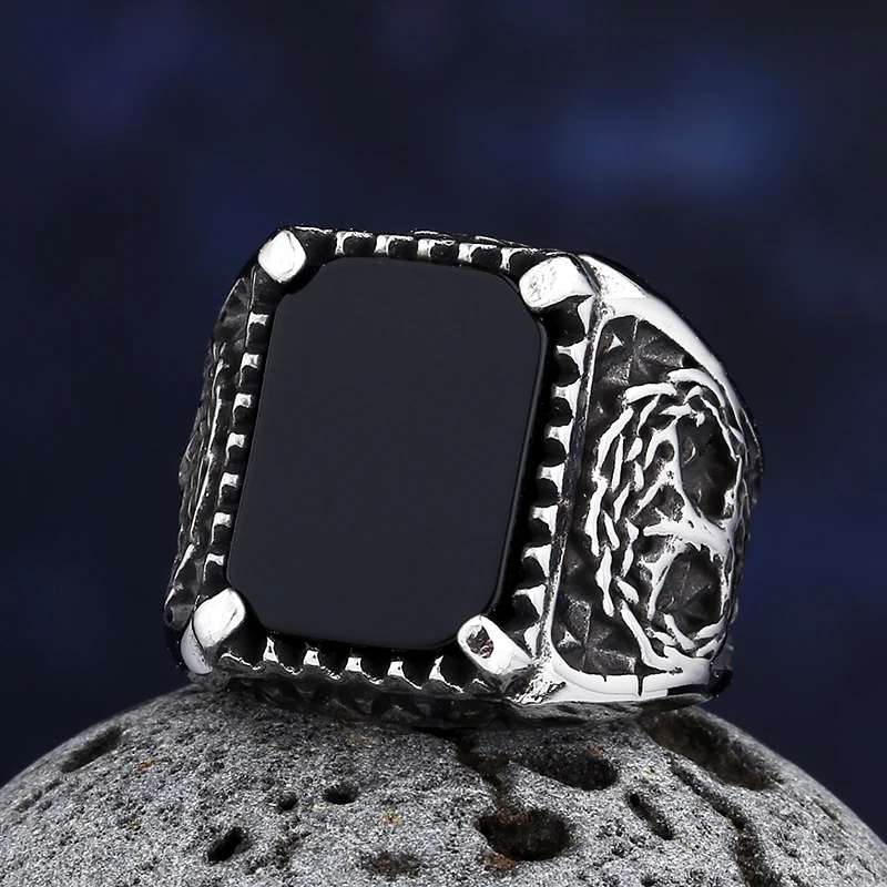 

2023 New Men's Punk Rock Black Stone Tree Of Life Ring Gothic Style 316L Stainless Steel Biker Anel Movie Viking jewellery