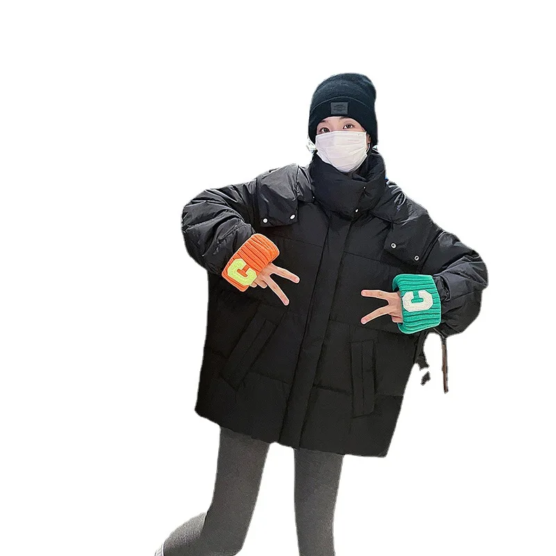 Knited Patchwork Padded Jacket Female Hooded Coat  Fashion Outerwear  Students Puff Jackets Gm*