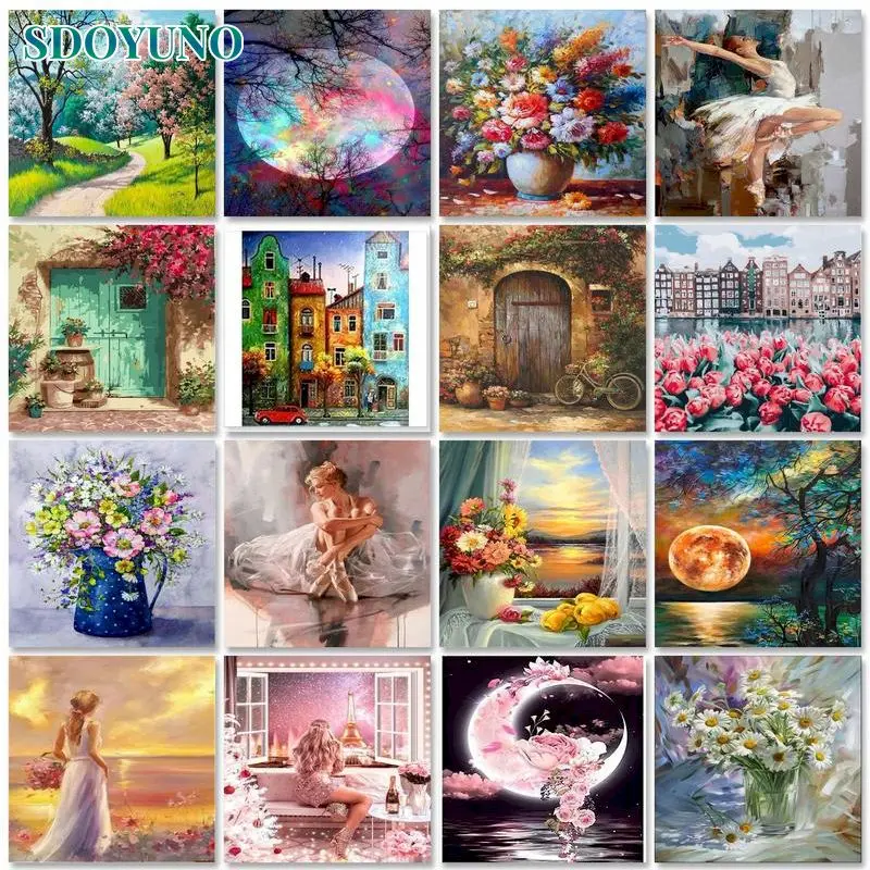 

SDOYUNO Diy Pictures By Number Houses Drawing On Canvas HandPainted Paintings Kits Oil Painting By Numbers Landscape Home Decor