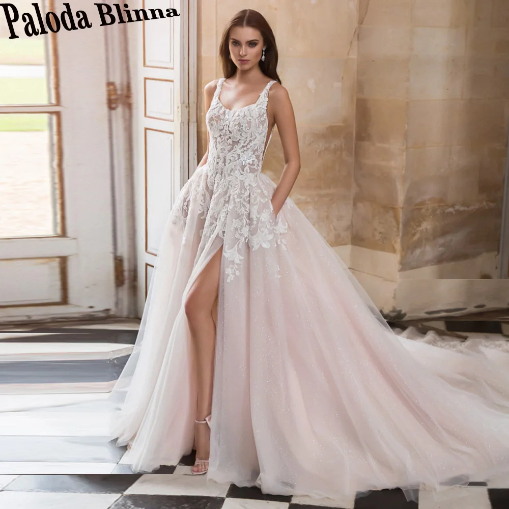 

Paloda A-LINE Appliques Generous Wedding Dresses 2023 Bride Tank Pocket Slit Pleat Sleeveless Backless Sweep Train Bling Tulle